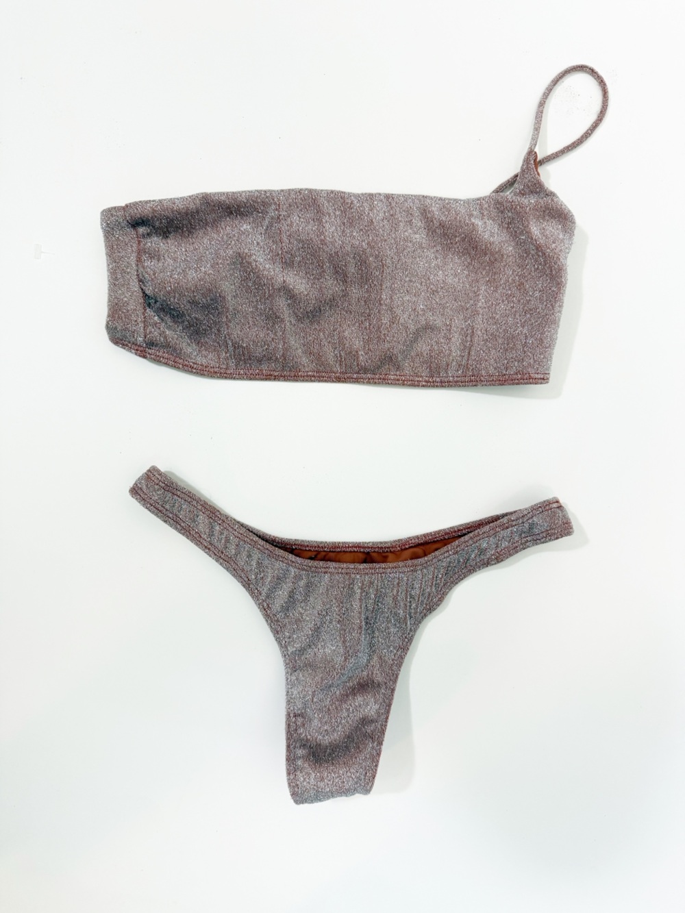 Nwt Elysiian Malibu Pink Brown Shimmer One Shoulder Bikini Swimsuit Large — image 2 of 4